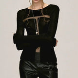 Advbridge See Through Sexy Black Gothic Tshirts Y2k Aesthetic Cross Gauze Patchwork Women Tees Casual Grunge Harajuku T-shirt Femme