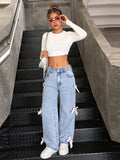Advbridge Women Bowknot Jeans Pants Y2k Loose Straight Blue Baggy Aesthetic Washed Jeans Female 2025 Spring Fashion Lady Denim Trousers