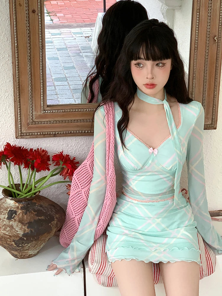 Advbridge 2024 Summer Korean Fashion Y2k Suit Woman Thin See Through Slim Blouse Sexy Bodycon Mini Skirt Spice Girls Sweet Skirt Set Chic