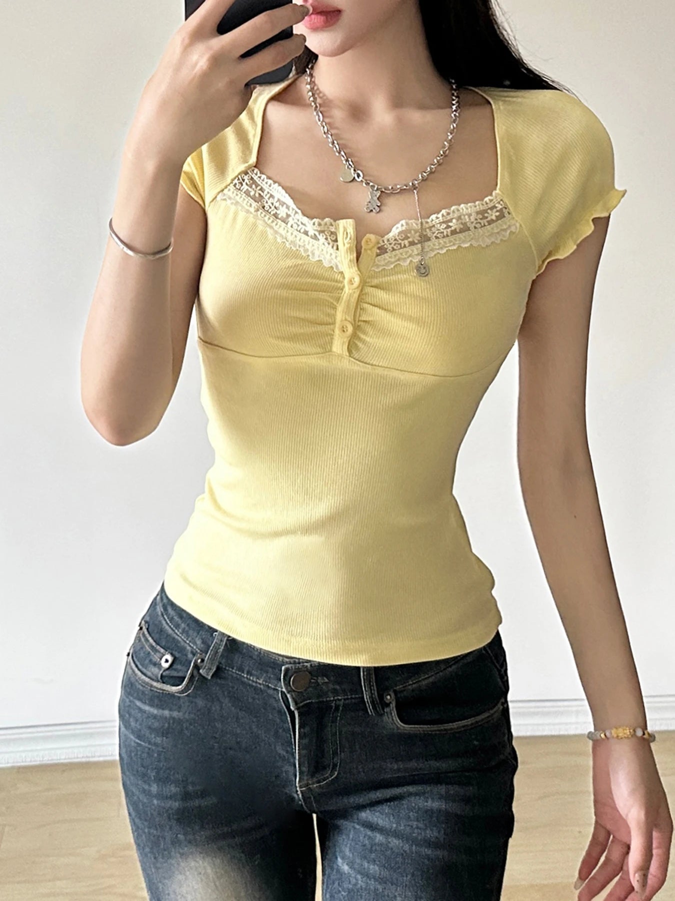 Advbridge Y2K Korean Fashion Yellow Folds Lace Trim Women Knit T-shirt Buttons Cutecore Crop Top Basic Frills Tee Solid Basic Top