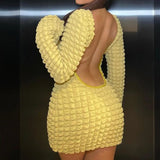 ADVBRIDGE  -  Autumn Yellow Sexy Open Back Popcorn Texture Short Dress Skinny High Waist Hipster Mini Dress Women Elegant Club Streetwear