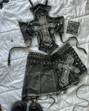 Advbridge Y2K Gothic Leather Patchwork Denim Patchwork Two Piece Women Clothes Harajuku Gothic Zip Jacket Mini Denim Pleat Mini Skirt Set