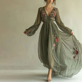ADVBRIDGE  -  Fall/Winter New V-Neck Print Long Sleeve Long V-Neck Dress Long Skirt Women's Pullover New V-Dress Wear Outside