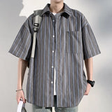 ADVBRIDGE  -  Men's Vertical Stripe Color-Block Lapel Loose-Fit Short Sleeve Shirt - Casual Breathable Top, Trendy Summer Style, Relaxed Fit