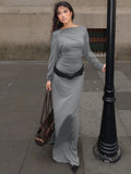 ADVBRIDGE  -  Long Sleeve Ruched Sexy Maxi Dress for Women Elegant Solid Slash Neck High Waist Bodycon Sexy Long Dresses Streetwear