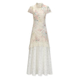ADVBRIDGE  -  French Style Fashion Hollow Embroidery Fashion Dresses for Women Apricot Lace Patch Sweet Retro Print Dress Summer Elegant Lady