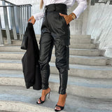Advbridge Women Solid Multi-Pockets Commute Cargo Pant Elegant High Waist Button Trousers Office Lady Zip Slim PU Pants