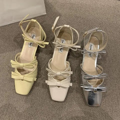 Advbridge  -  Butterfly Knot Square Toe Mule Shoes Thick Heels Shoes Female Shoes  Fashion Party Dress Sandals Woman Pumps New Mujer