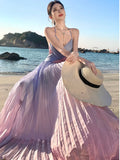 Advbridge Sexy Halter Backless Womens Dresses Elegant Casual Sleeveless Party Dress Summer Holiday Beach Gradient Pleat Vestidos Robe New