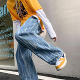 Advbridge Korean Style Patterned Striped Denim Pants New Streetwear Washed Jean Pants Men Loose Hip Hop Elastic Waist Mopping Jeans