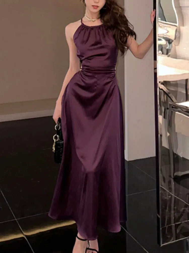 Advbridge Vintage Satin Midi Dresses for Women New Summer French Fold Hollow Out Elegant Prom Fashion Slim Casual Female Clothes Robe