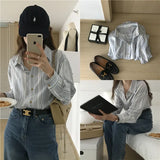 Advbridge  -  2Colors Spring Autumen 2024 Korean Breif style striped cotten Linen Long sleeve Shirts Womens Blouse  Office Lady Tops (G9736