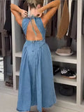 ADVBRIDGE  -  Casual Backless Denim Long Dress Fashion Lace Up Sleeveless Pleated Zipper Gown New Women Summer Highstreet Holiday Dresses 2025