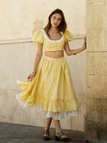 Advbridge  Gingham Printed Yellow Women Summer Dress Set Lace Top+skirt Sets Vintage French Style Midi Dress Oufits Plaid Vestidos