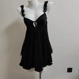 ADVBRIDGE  -  French Sexy Sleepwear Women Night Suit with Chest Pad Fungus Edge Mesh Suspender Nightdress Nighty for Ladies Sleep Dress