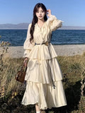 Advbridge Elegant Solid Ruffles Cake Dress for Women Long Flare Sleeve O-neck Lace-up Slim with Belt Vestidos Vintage Evening Party Robe