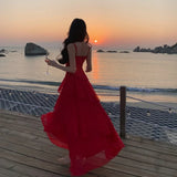 ADVBRIDGE  -  Elegant Red Ruffles Party Dress Women Sexy Spaghetti Strap Backless Slim Vacation Dresses A-Line Casual Vestidos Long Robe N585