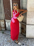 ADVBRIDGE  -  Slash Collar Backless Off Shoulder Hollow Out Maxi Dresses 2024 Summer Fashion Red Strapless Slim Red Dress Lady Beachwear Dress