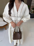 ADVBRIDGE  -  Elegant Lace Hollow Out Women's Long Dress Solid V-neck Patchwork Puff Sleeve Bodycon Dressess Female 2025 Spring New Lady Robes