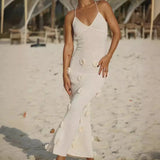 Advbridge 2024 Elegant 3d Flower Sling Maxi Dress Women Deep V-neck Sleeveless Beach Dresses Summer New White Lady Chic High Street Robes