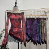 Advbridge Tie Dye Leopard Print Women's Boat Collar Big Bell Sleeve Top Lace Double Layer Mesh Irregular Y2k Shirt Blouse Summer Club Wear