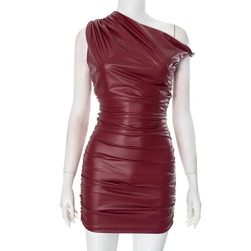 Advbridge Spring PU Leather Bodycon Mini Dress for Women Sexy One Shoulder Sleeveless  Party Dresses Fashion Solid Ruched Dress 2025