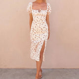 ADVBRIDGE  -  New Women's Dress,French Retro Floral Print Dresses, Slim Slit Long Puffed-Sleeve