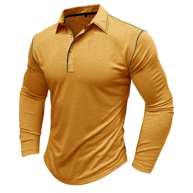 Advbridge Fashion Buttoned Lapel Patch Pocket Design Polo Top Men Shirt Casual Solid Color Long Sleeve Polo T-shirt Fall Mens Polo Shirts