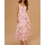 ADVBRIDGE  -  Women Floral Print Lace Patchwork Sleeveless V-Neck Backless Irregular Tiered Ruffle Layered A Line Long Slip Dress