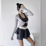 Advbridge Ballet Style Design, Twisted Fake Two-piece Long Sleeved Short Spicy Girl Top, High Waisted Slim Pants Skirt, Women's Summer