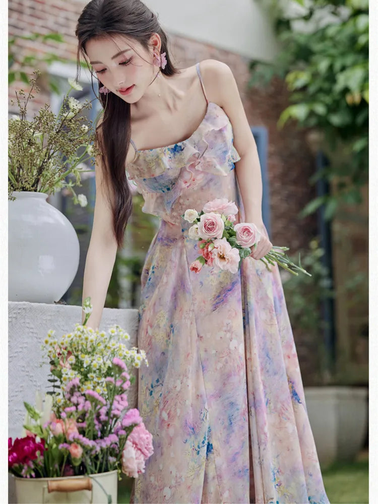 ADVBRIDGE  -  Women Summer Suspenders Dresses Sweet Oil Paint Print Retro Ruffle Strapless Elegant Sling Dress Chiffon Women's Fairy Vestidos