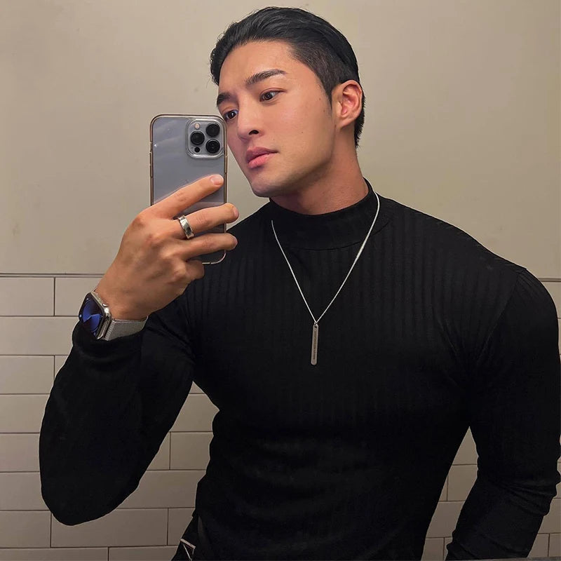 Advbridge Men Clothing Casual High Elastic Basic Tops Gym Male Fashion Long Sleeve Striped Pullovers Streetwear Turtleneck Shirts Tees