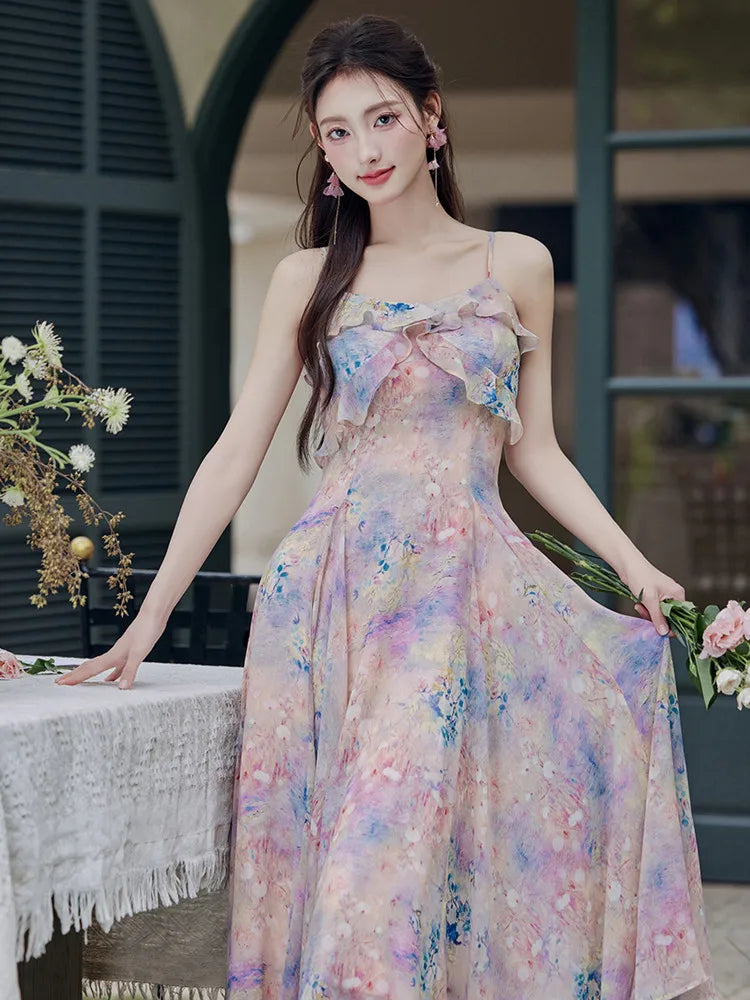 ADVBRIDGE  -  Women Summer Suspenders Dresses Sweet Oil Paint Print Retro Ruffle Strapless Elegant Sling Dress Chiffon Women's Fairy Vestidos