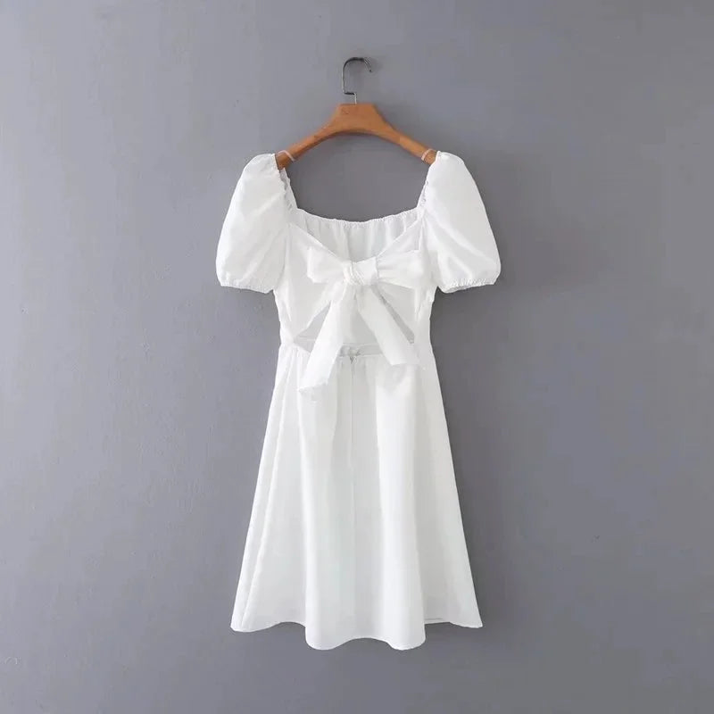 Advbridge Tie Back White Summer Short Dress Women's Casual Short Sleeve Square Collar Mini Backless Dress Femme Retro Dress 2024