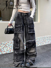 Advbridge Women's Black Gothic Cargo Baggy Jeans Y2K Japanese Harajuku Streetwear Retro 90s Aesthetics Wide Leg Jeans Pants Clothing 2025