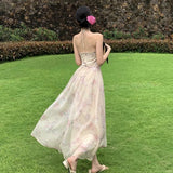 ADVBRIDGE  -  French Style Fairy Dress Women Pink Print Sweet Vintage Chiffon Vestidos Apricot 3D Flower Hang Neck Sexy Elegant Vacation Dress