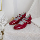 Advbridge French Marie Red Shoes Wedding Shoes Shallow V-Shape Buckle Vintage Thick Heel Genuine Leather Flats Women's Shoes Summer