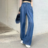 Advbridge Ultra Thin Dark Blue Jeans High Waist Draped Wide Legs Denim Pants Women Summer Loose Straight Ice Silk Casual Pants Streetwear