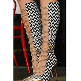 Advbridge Zebra Stripes Chain Gladiator Boots Metal Toe Iron Chain Splicing Sandals Boots White Black Sexy Autumn Fashion Women High Boots