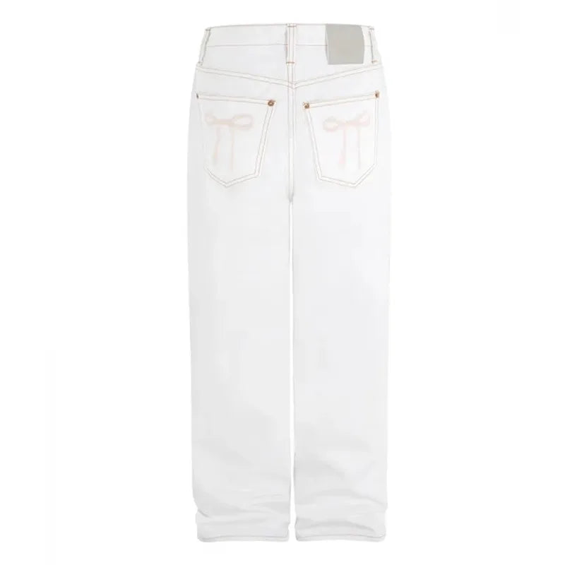 Advbridge 2024 New Korean Casual White Jeans Kawaii Pink Bow Embroidery Denim Pants Button Wide Leg Trouser Chic Straight Pant For Women