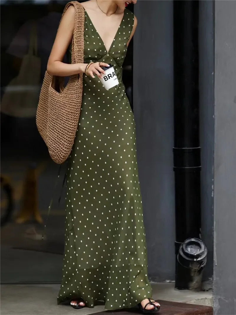ADVBRIDGE  -  Summer Fashion Green Polka Dot Dress Women French Retro Elegant Slim Long Womens Dresses V-neck Sleeveless Silk Vestido