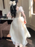 Advbridge Elegant Princess Birthday Party Dress Puff Sleeve Lace-up A-line Midi Dresses for Women Square Collar Prom Robe Vestidos Mujer