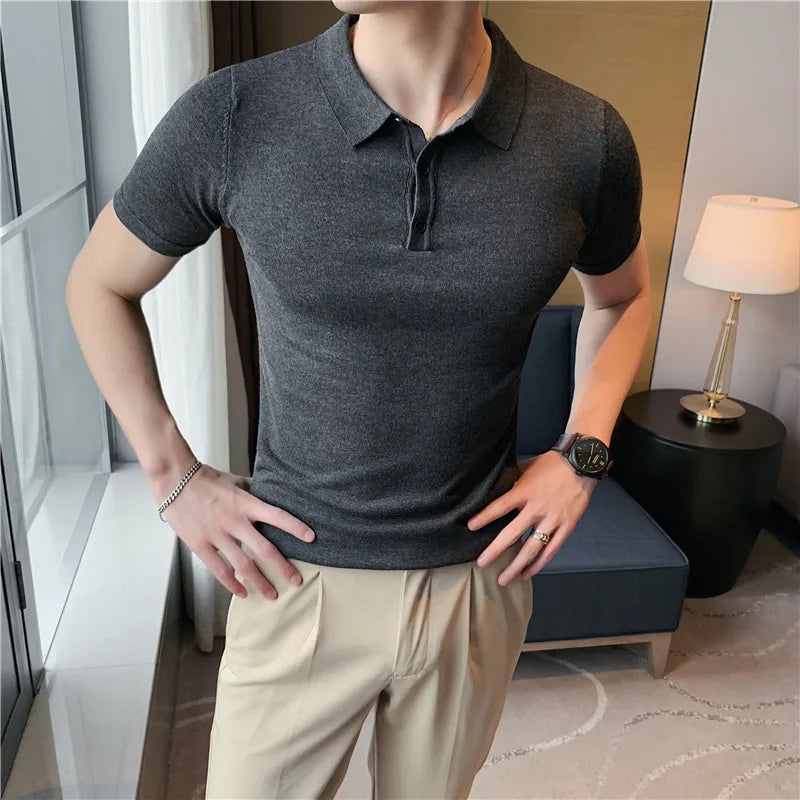 Advbridge -  Summer New Men Short Sleeve Solid Polos Knitted T-Shirt Male British Style Slim Fit Business Formal Shirts L33