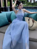 Advbridge Elegant Blue Skirt Suits Korean Halter Off Shoulder Slim Waist Top + Loose Casual Skirt Womens Two Pieces Set Female Clothing