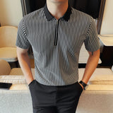 ADVBRIDGE  -  Men Pinstripe Polo Shirt - Summer Business Casual Half-Zipper  Turn-Down Collar Versatile Short Sleeve Top Stylish Everyday Wear