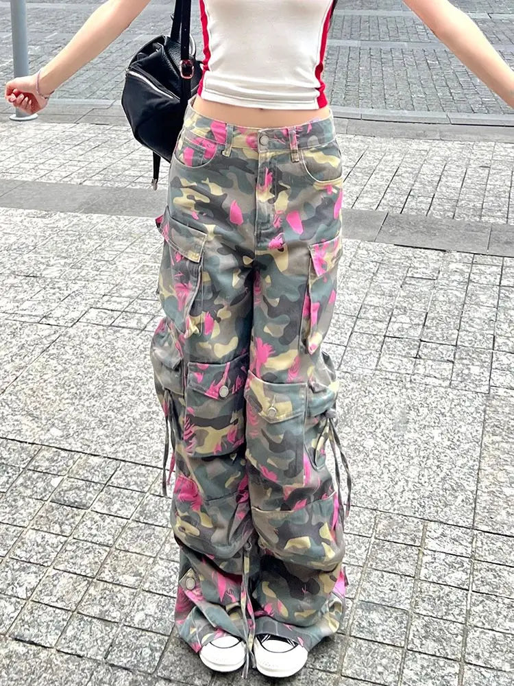 Advbridge American New Retro Pink Camouflage Multi-pocket Tooling Jeans Female Y2K Gothic Harajuku Hip Hop High Waist Slim Wide Leg Pants