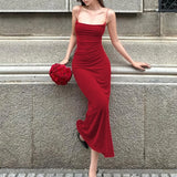 ADVBRIDGE  -  Party Club Spaghetti Strap Temperament Long Dress Women Simple Criss-cross Solid Color Sleeveless Open Back Sheath Vestidos