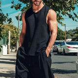 ADVBRIDGE  -  Summer Daily Casual Mens Two Piece Suits Fashion Solid Color Tank Tops And Harren Pants Sets Men Leisure Sleeveless Outfits