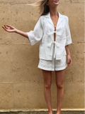 Advbridge Fashion Solid Hollow Out Lace Up Short Pant Women's Sets Elegant Lapel Half Sleeves 2 Pieces Outfit 2024 Vacation Casual Sets