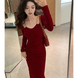 ADVBRIDGE  -  Sexy Red Spaghetti Strap Dress Women Chic Elegant Party Night Vestidos Skinny Pleated Long Sleeve Fashion Burgundy Chain Dress